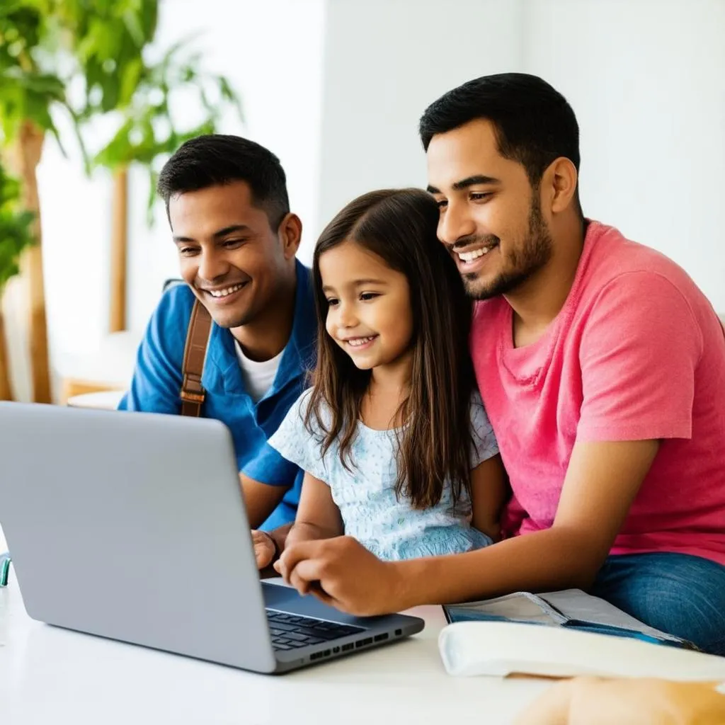 Family checking travel requirements on laptop