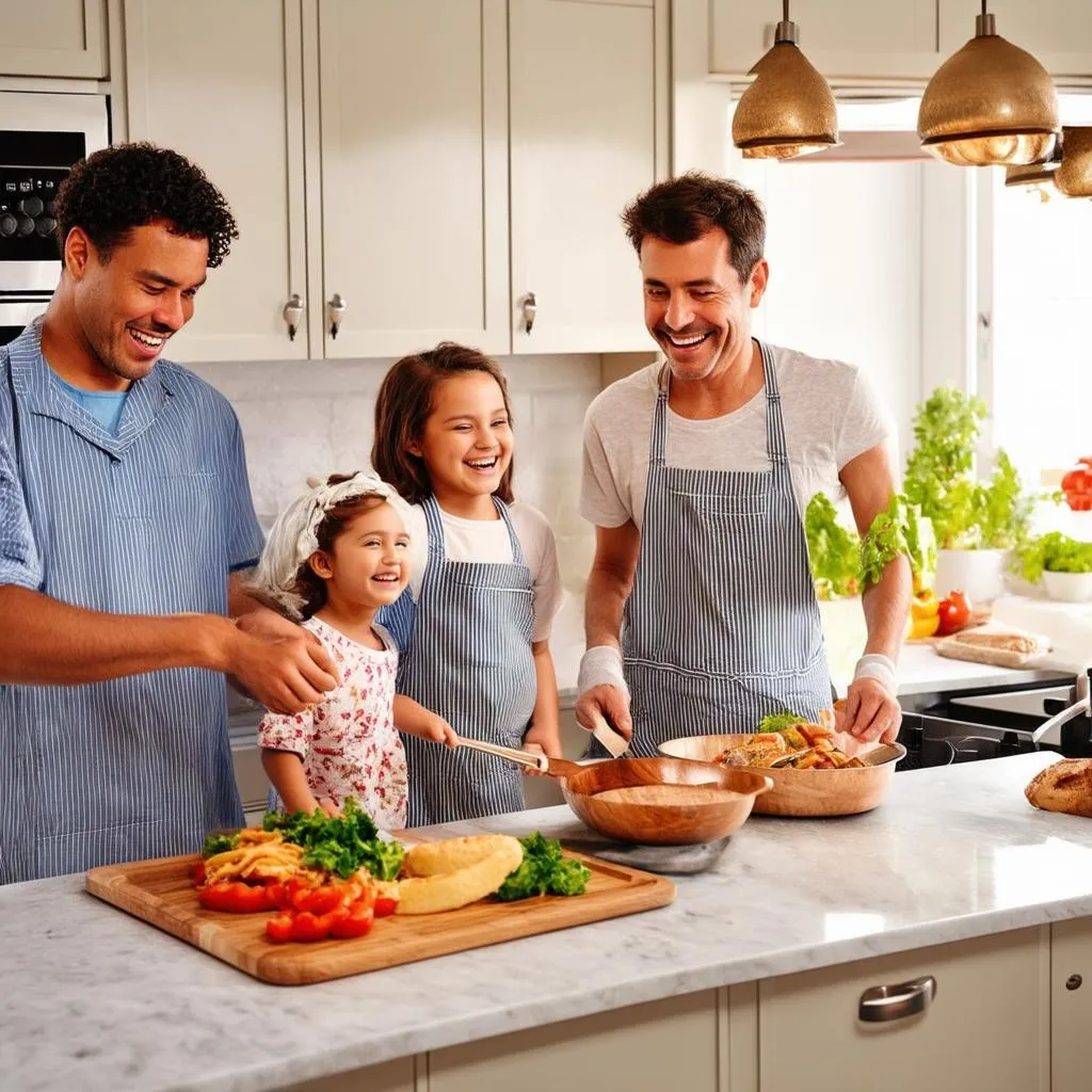 Family cooking together in a vacation rental kitchen