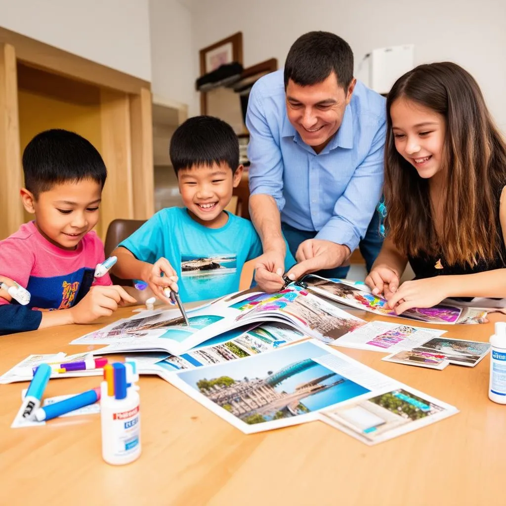 Family sitting together, crafting a travel brochure with colorful paper, markers, and travel magazines.