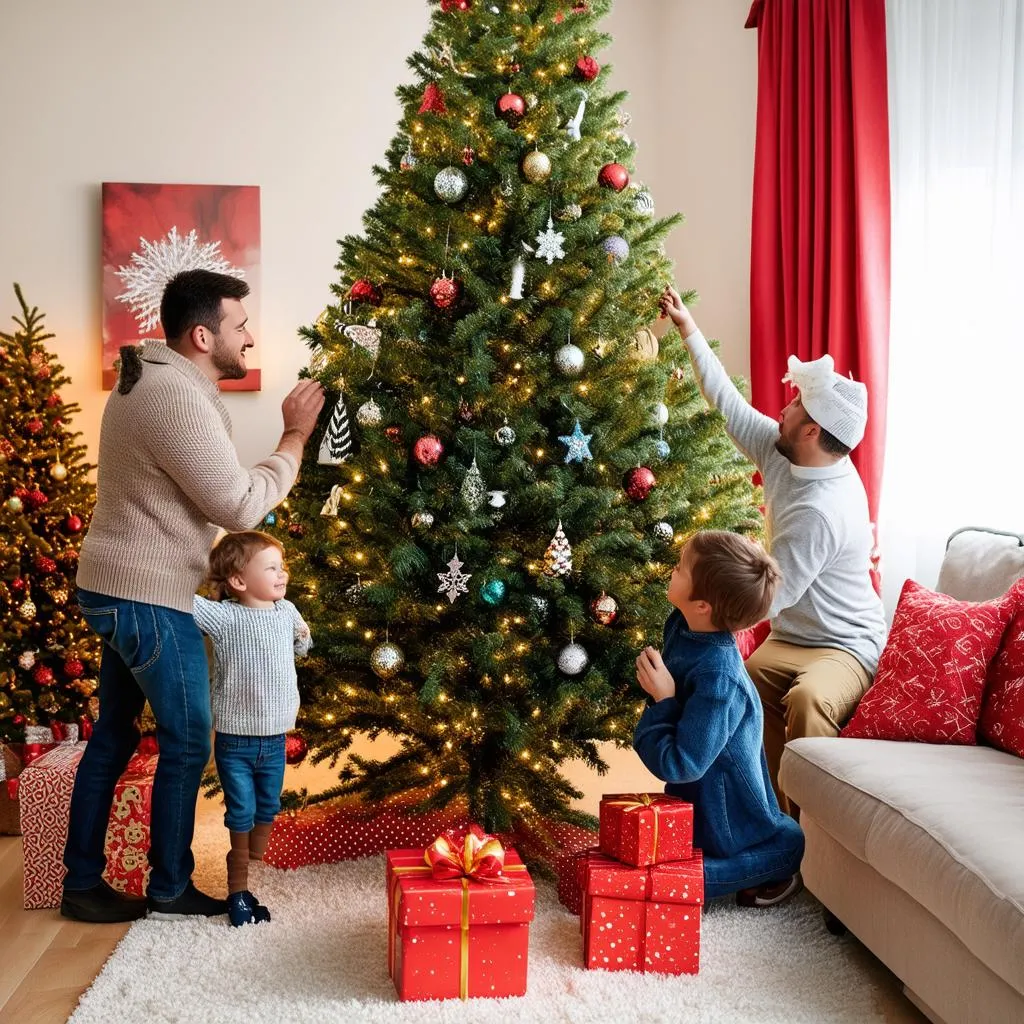 Family decorating Christmas tree in a cozy living room