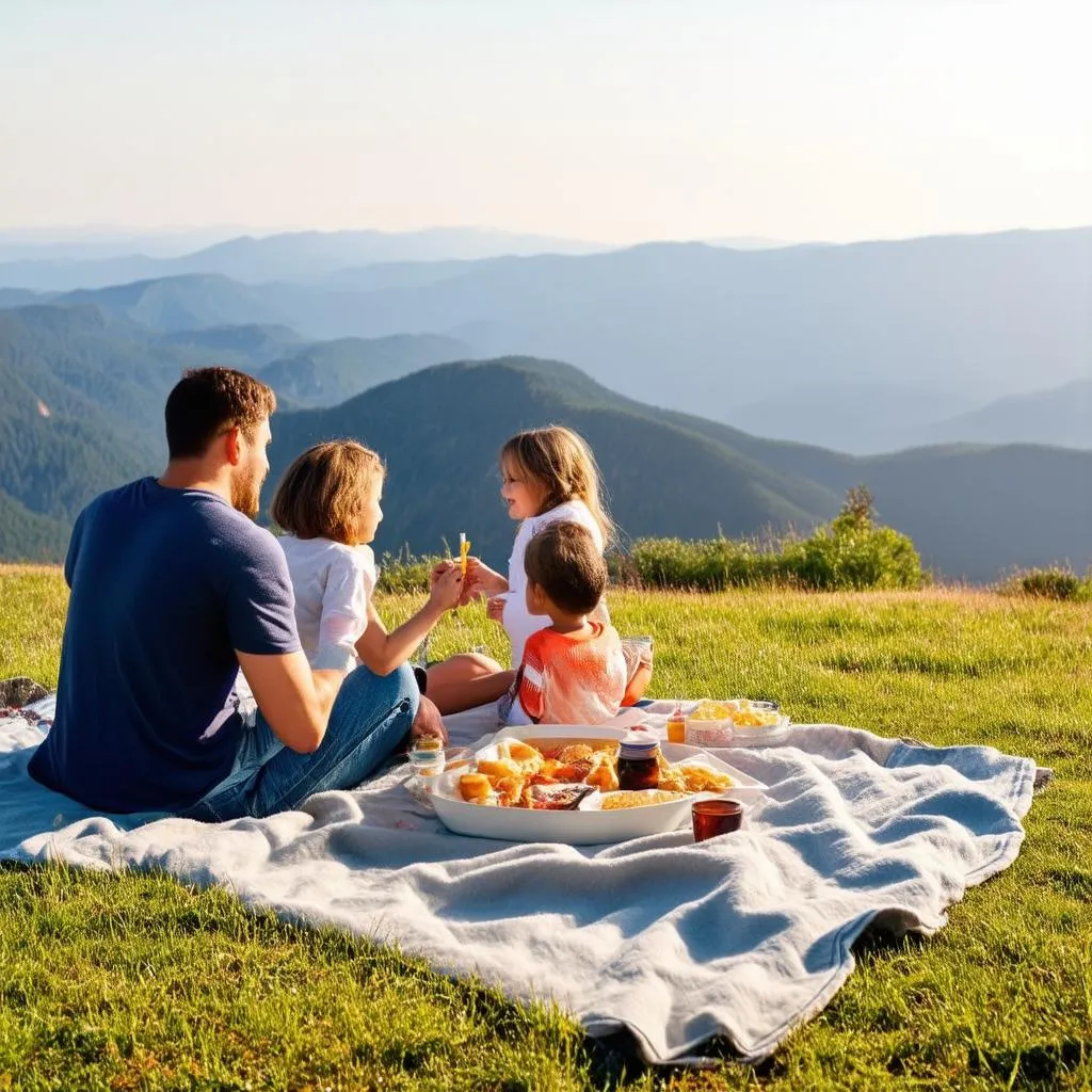 family enjoying a picnic with a view