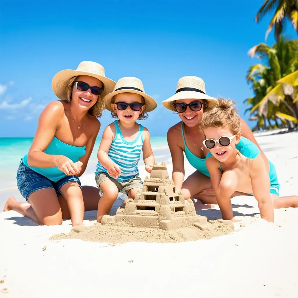 A family enjoying their vacation on a beautiful beach with clear blue water and palm trees.