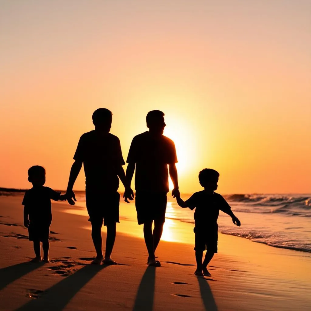 Silhouette of family of four walking on the beach at sunset