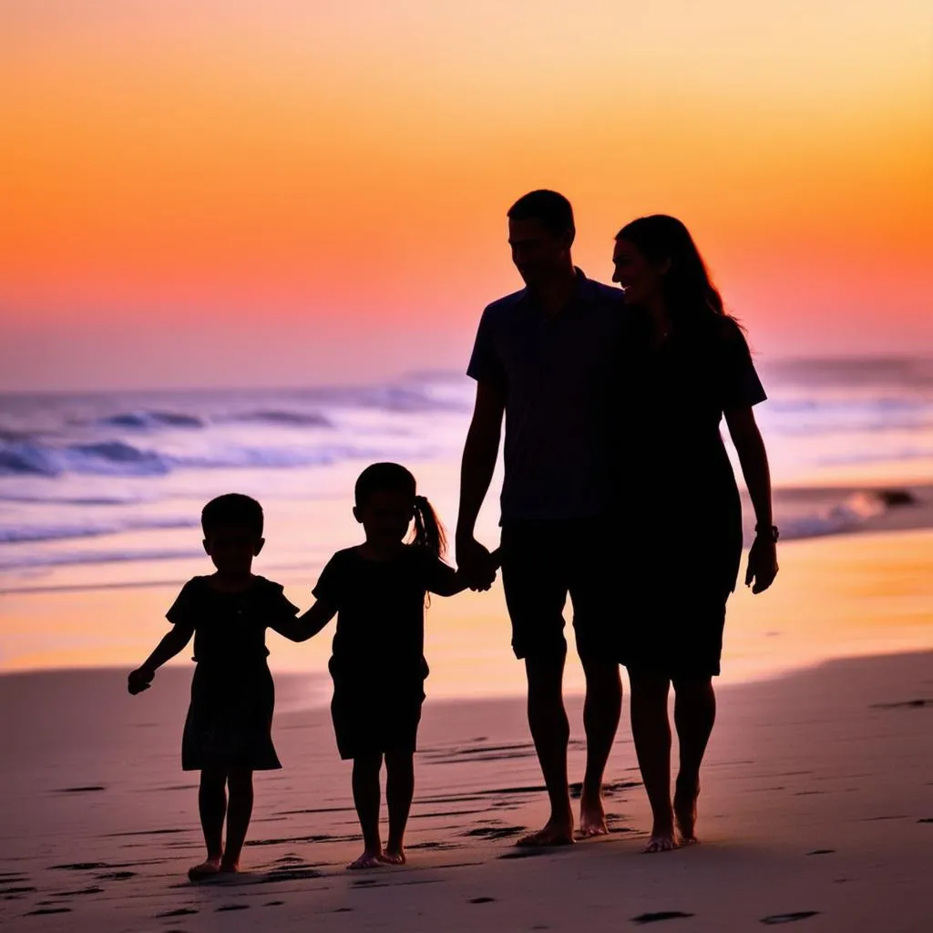 A family walks hand-in-hand along a beach at sunset