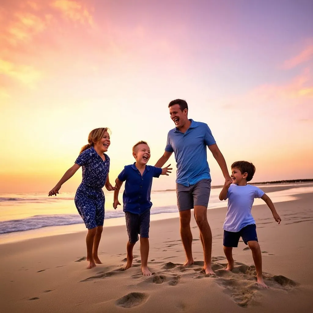 family playing on the beach at sunset