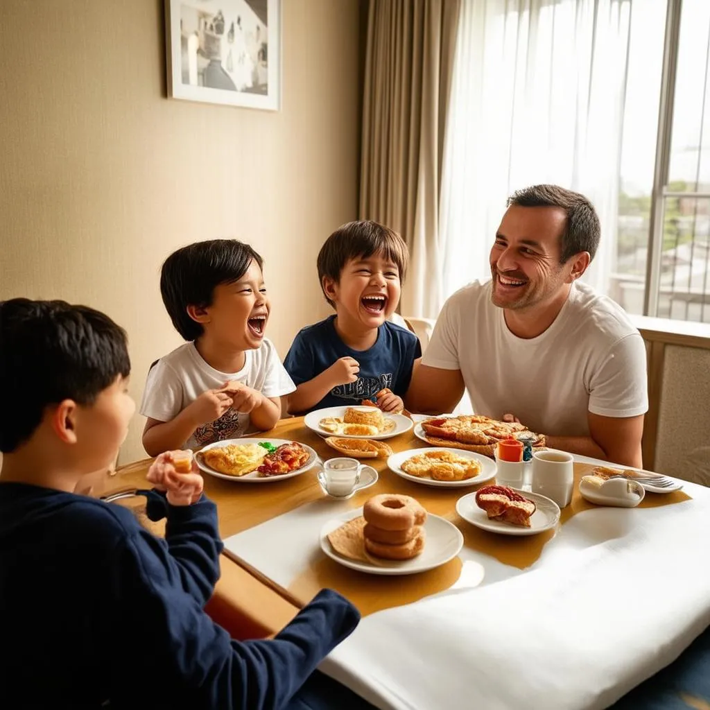 Family enjoying breakfast in hotel room