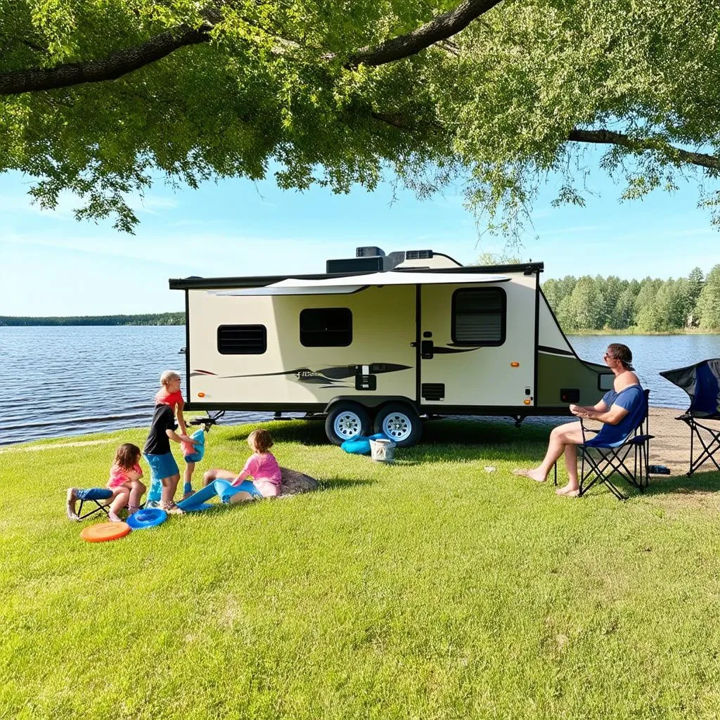 A family enjoying their hybrid travel trailer at a lakeside campground