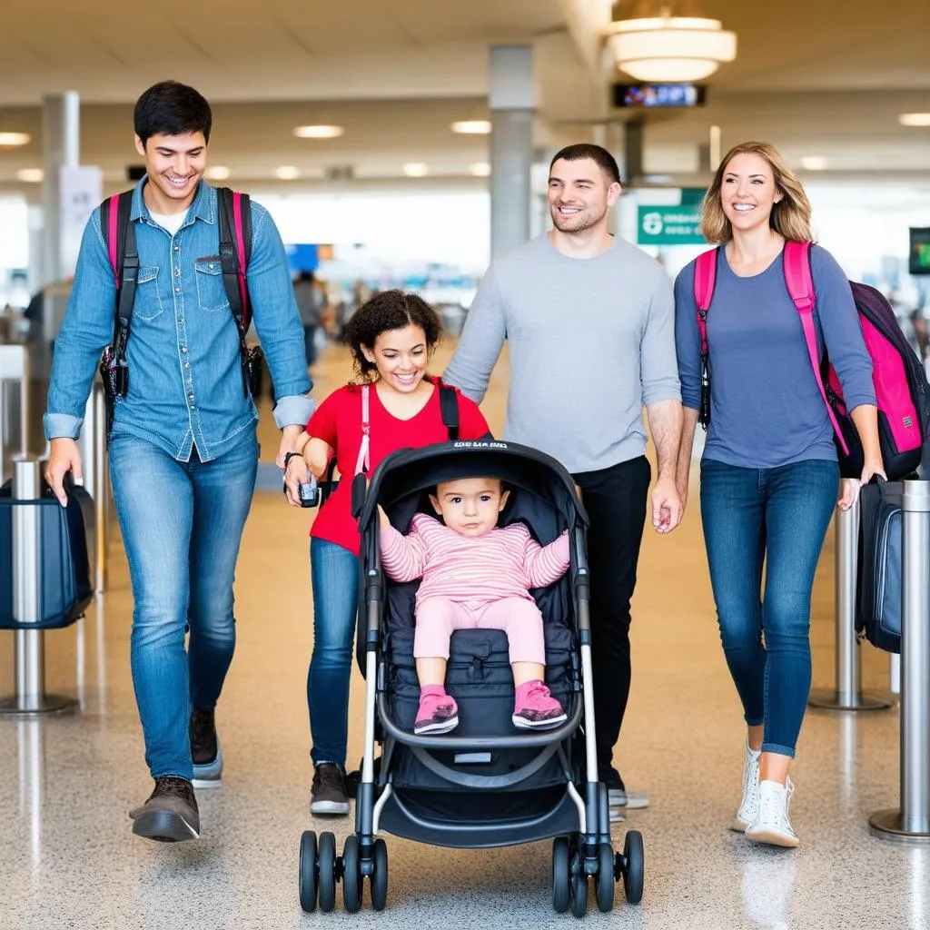 Family with luggage enjoying priority boarding