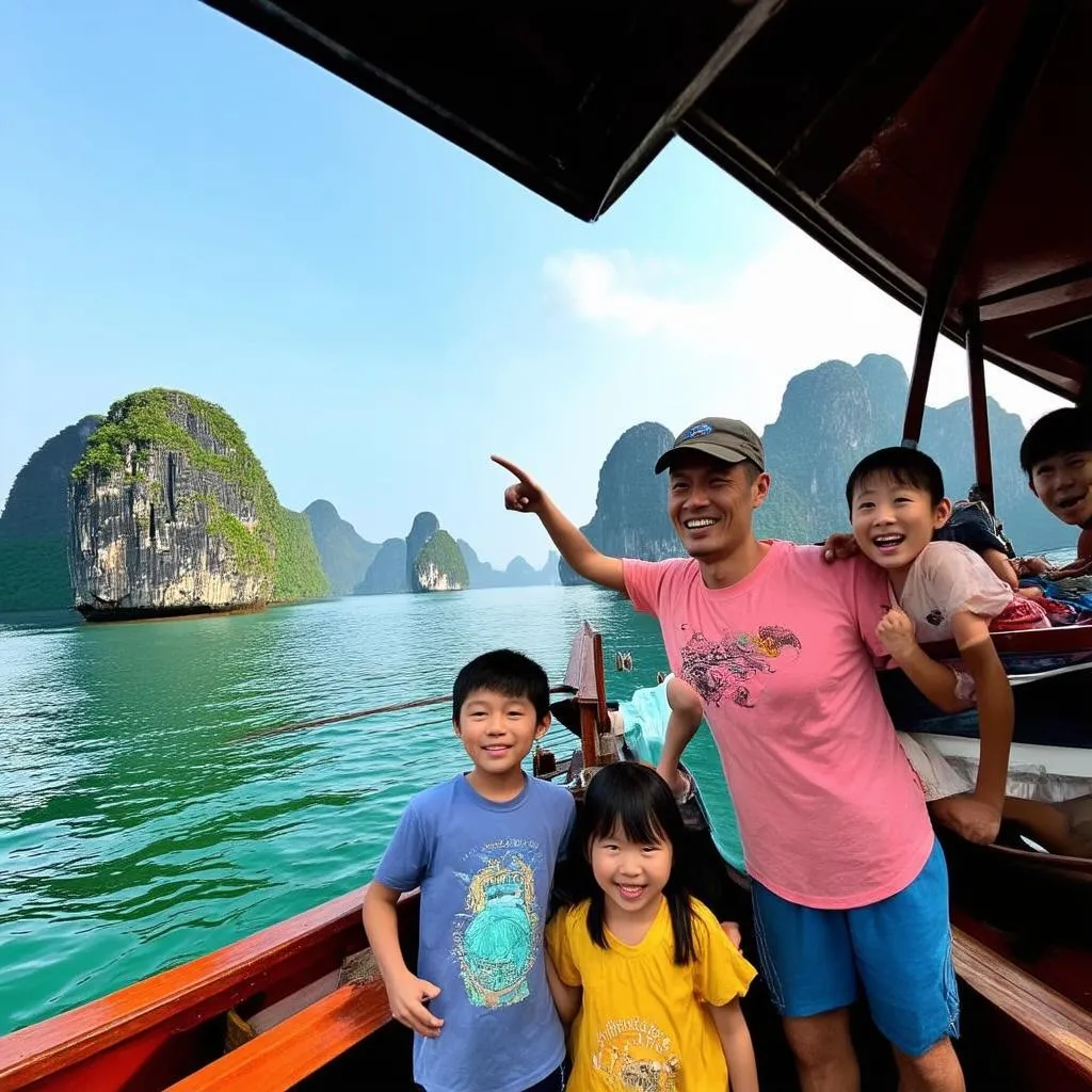 A family enjoying a river cruise in Ha Long Bay, Vietnam