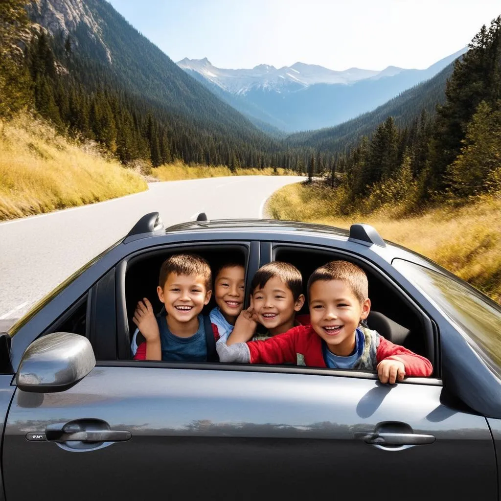 Family on road trip through mountains with car