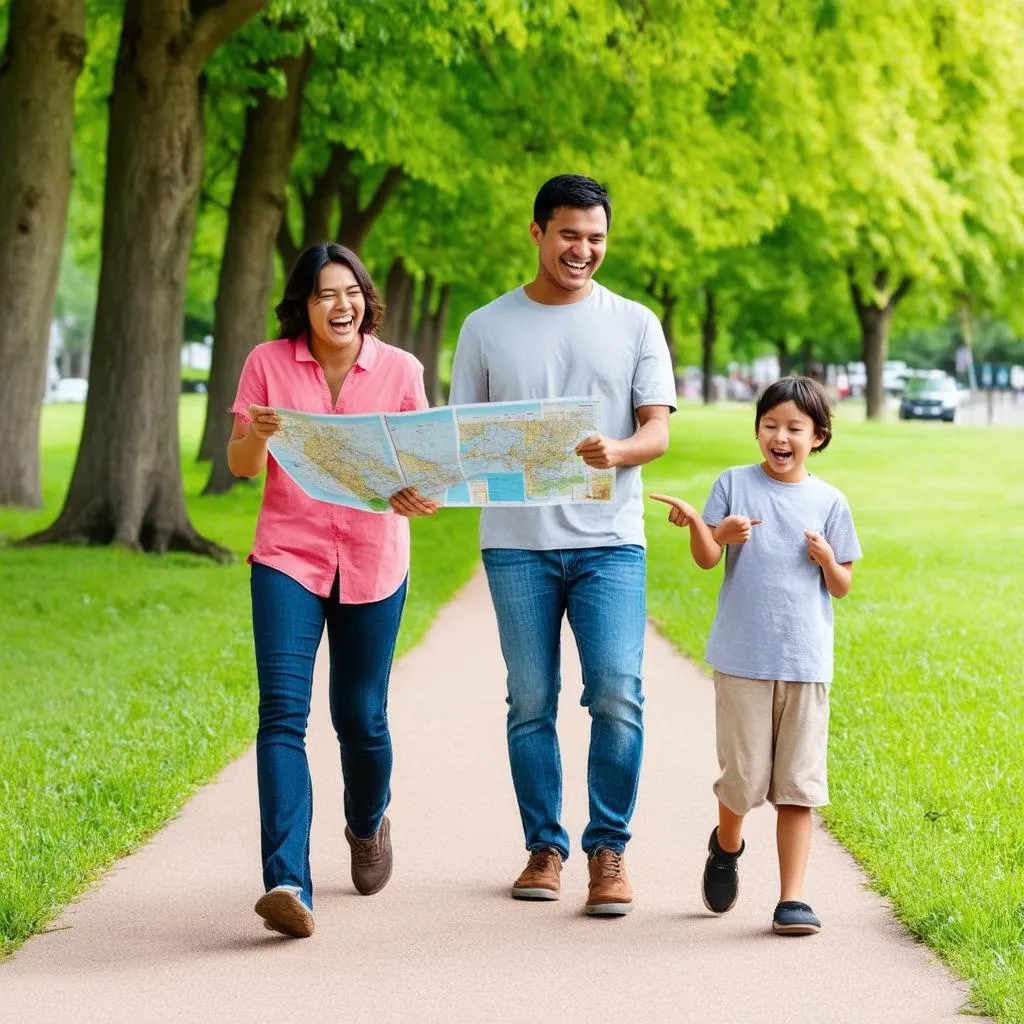 A family walking down a path in a city park with a map, laughing and pointing