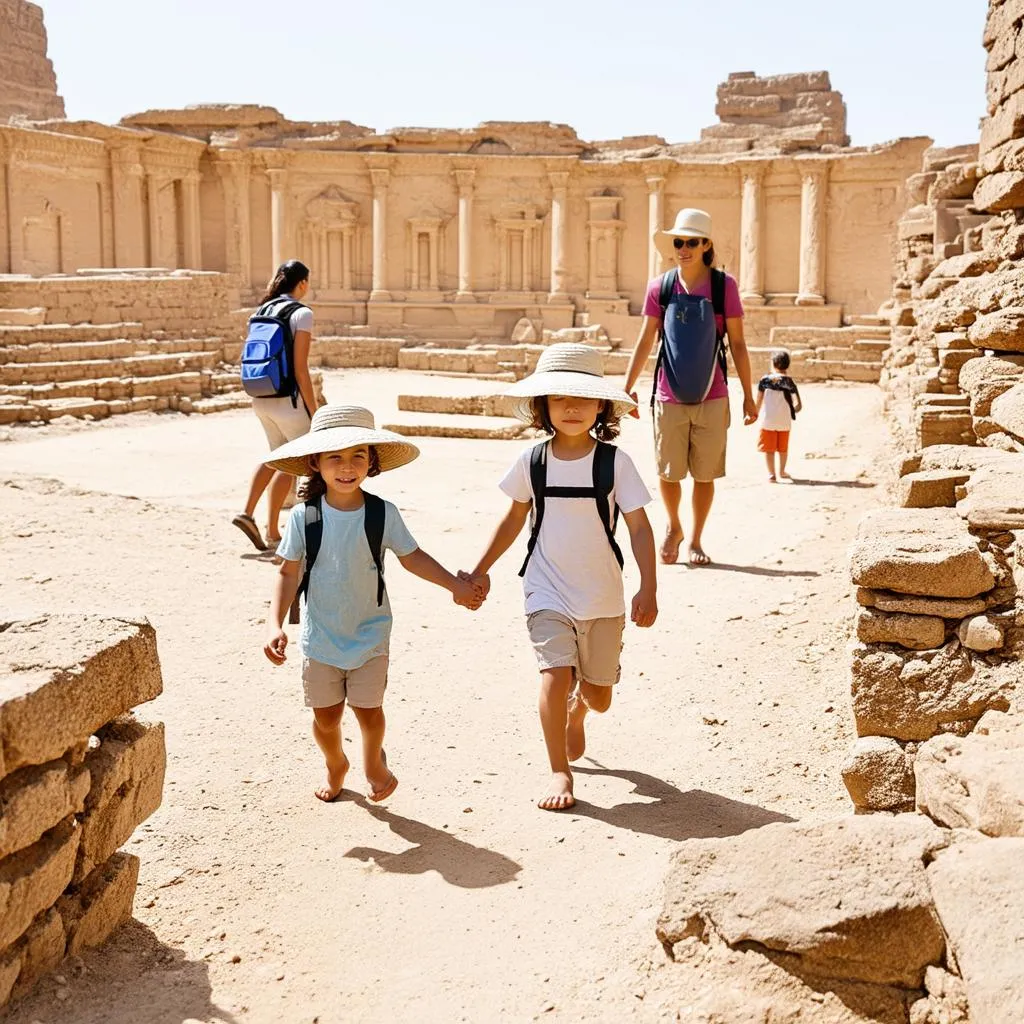 Family exploring ancient ruins together 