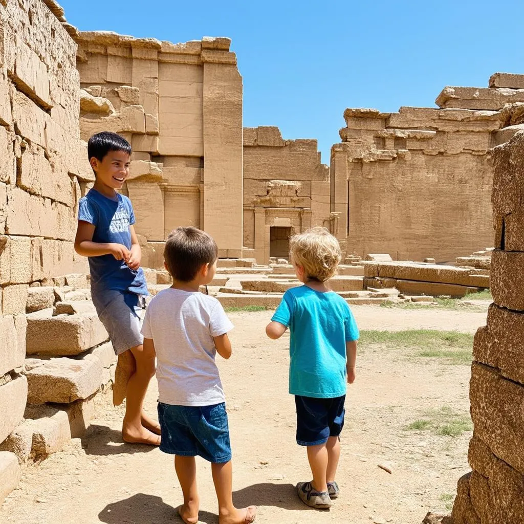 Family exploring ancient ruins