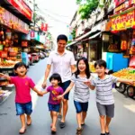 Family exploring the streets of Hanoi