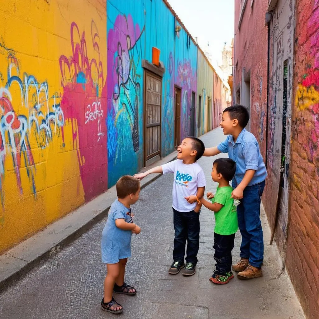 Family exploring a street art lane