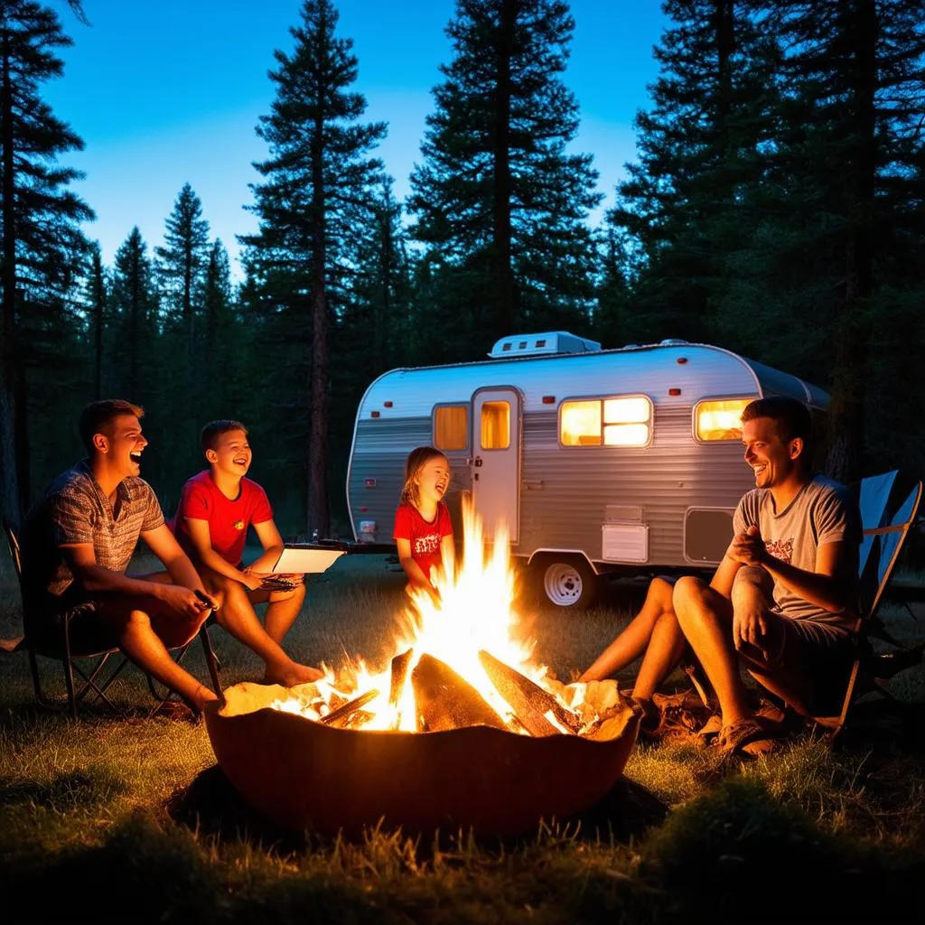 Family Gathered Around Campfire