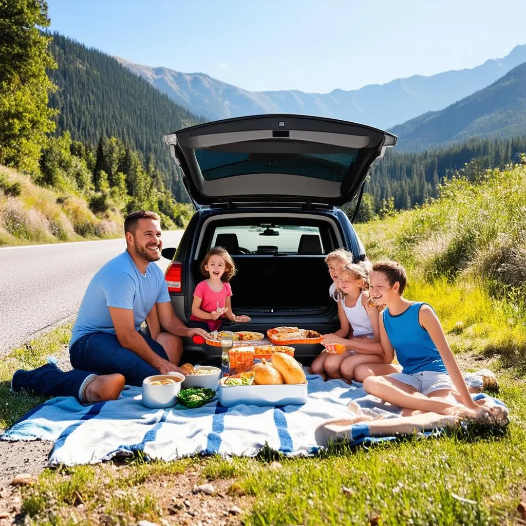 Family having a picnic by the roadside during a road trip