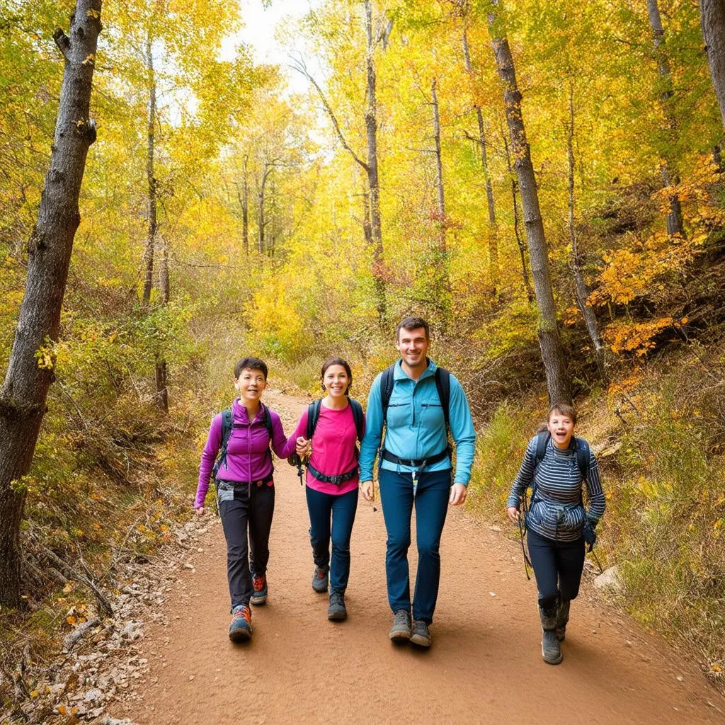 Family hiking in the mountains during the fall