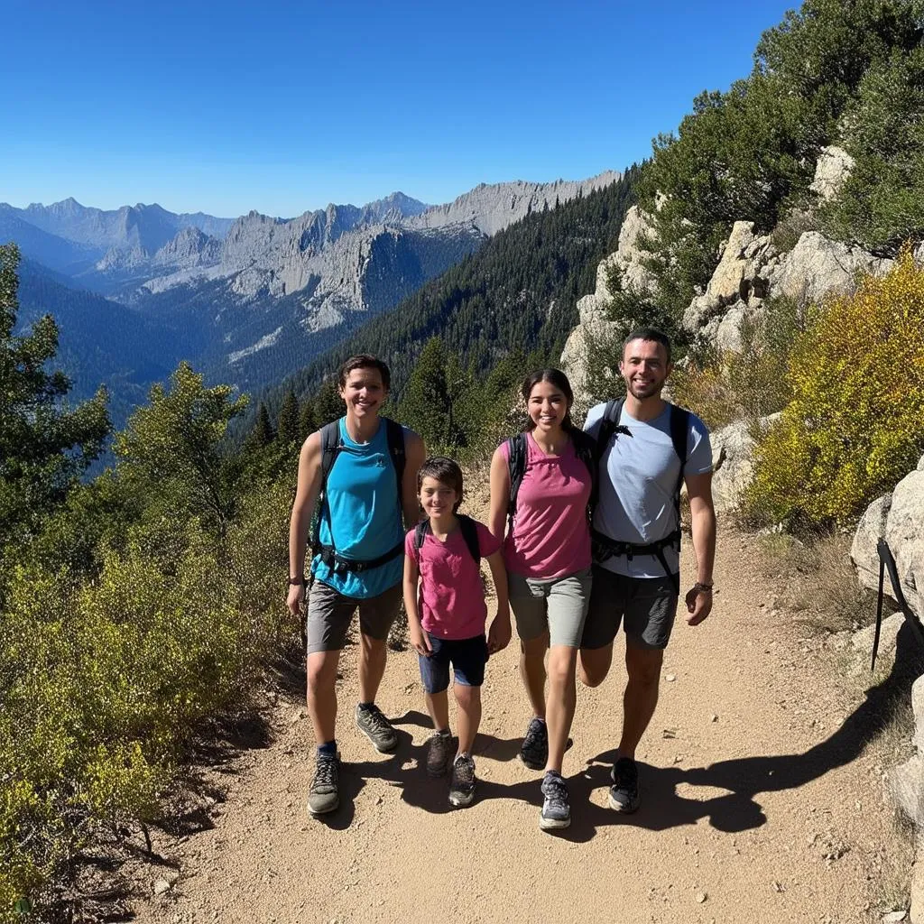 family hiking mountain trail