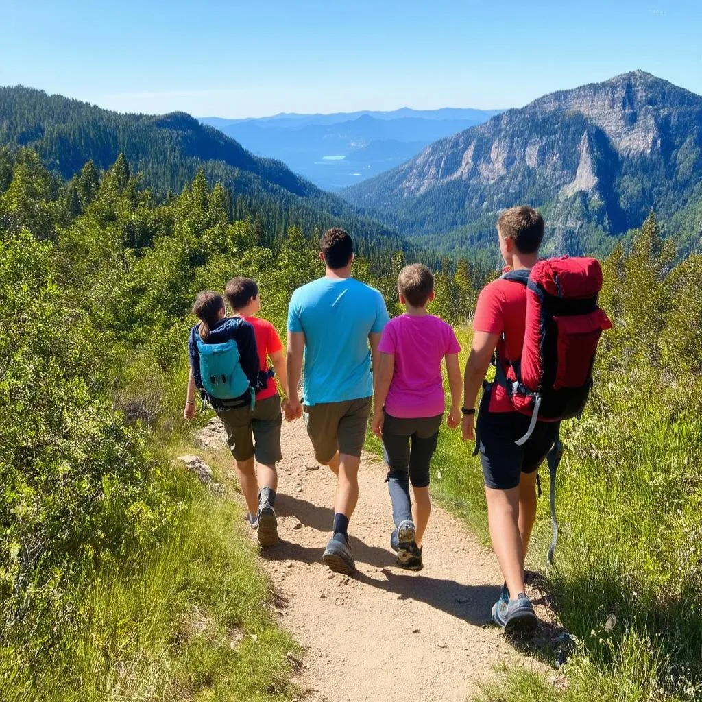 A family hiking on a mountain trail