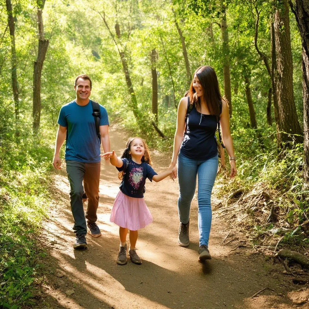 Family hiking on a forest trail