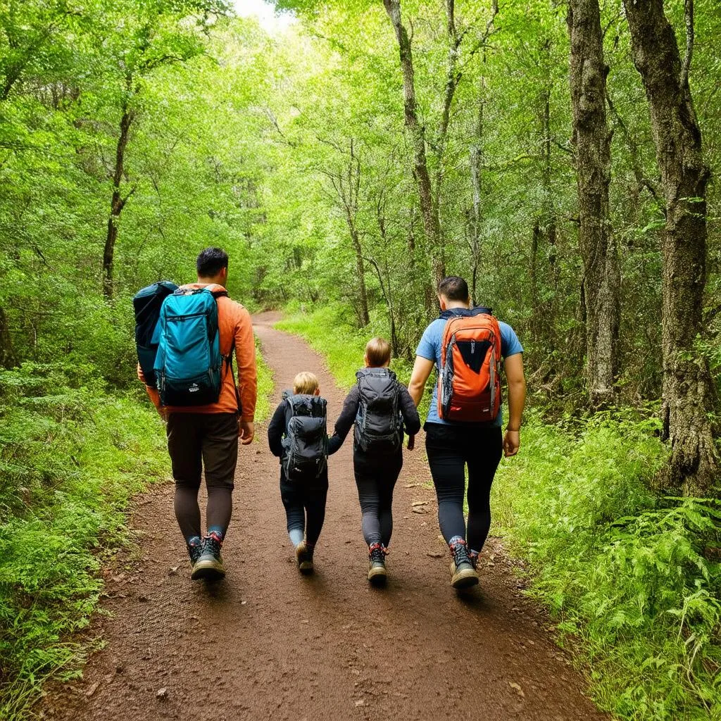 Family hiking on a forest trail