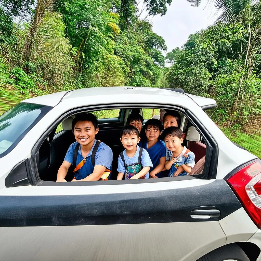 family in rental car in Mekong Delta