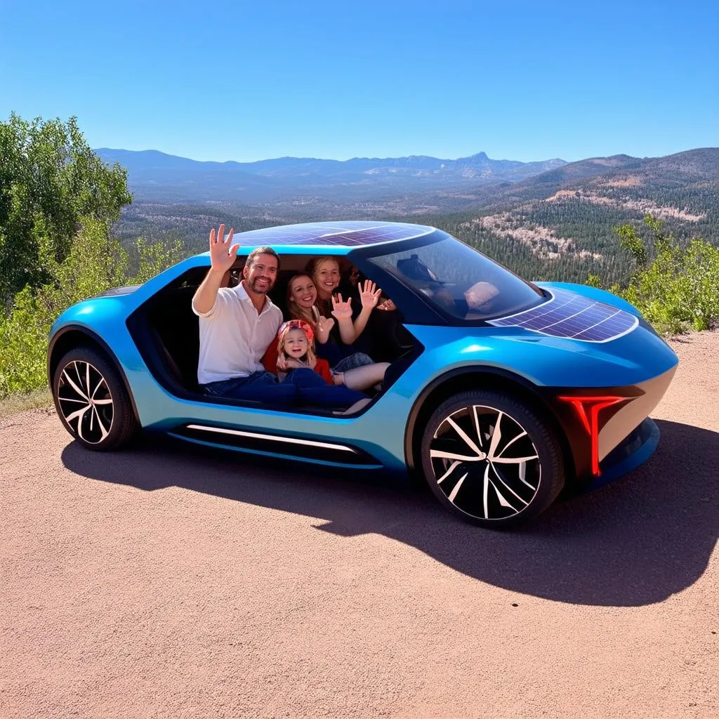 A family of four smiling and waving from inside a futuristic solar car, parked at a scenic overlook.