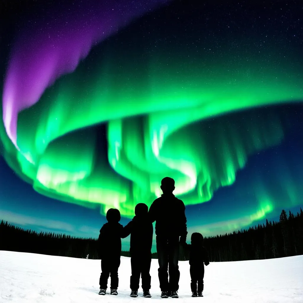 Family gazing at the northern lights