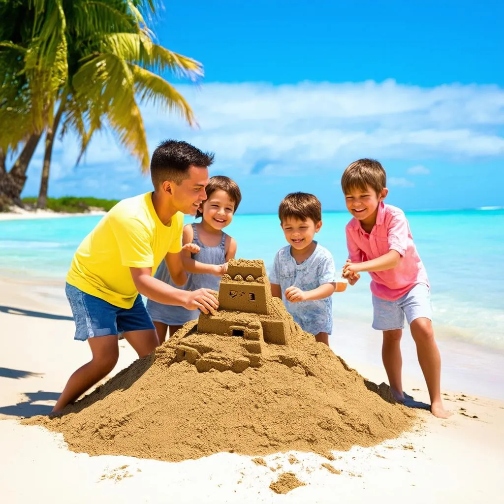 Happy family enjoying their vacation on a sunny beach