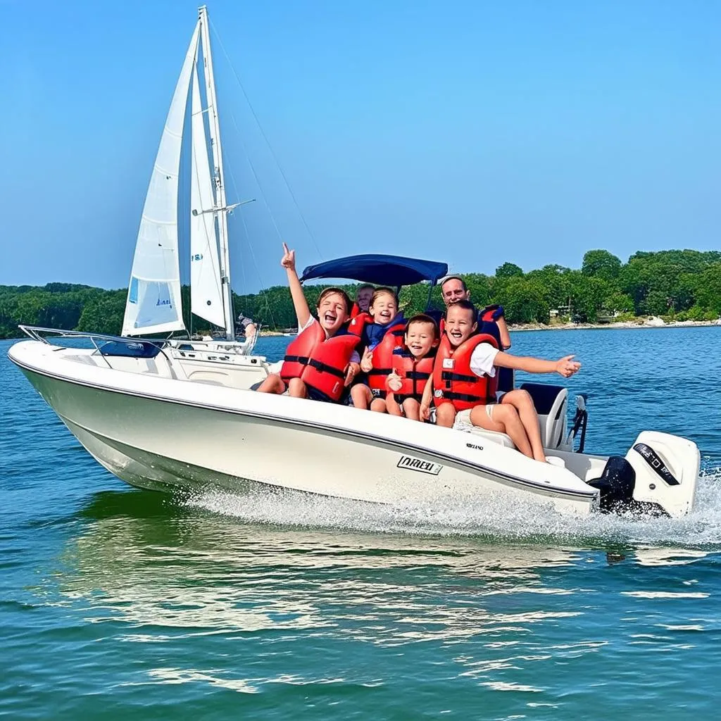 Family enjoying motorboat ride