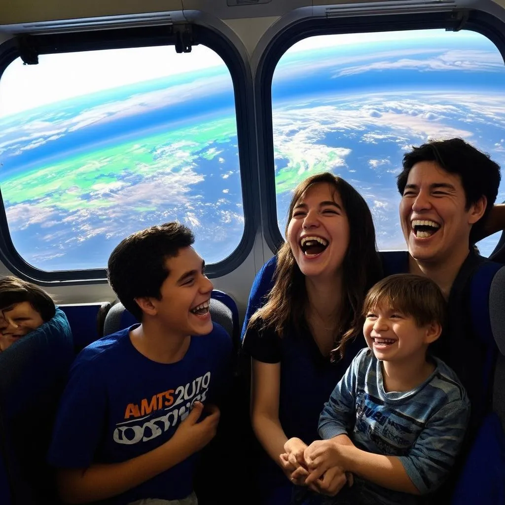 Family traveling on space bus