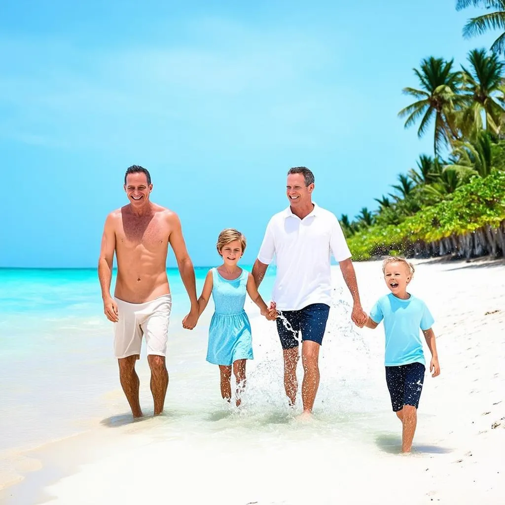 family enjoying a vacation on a tropical beach