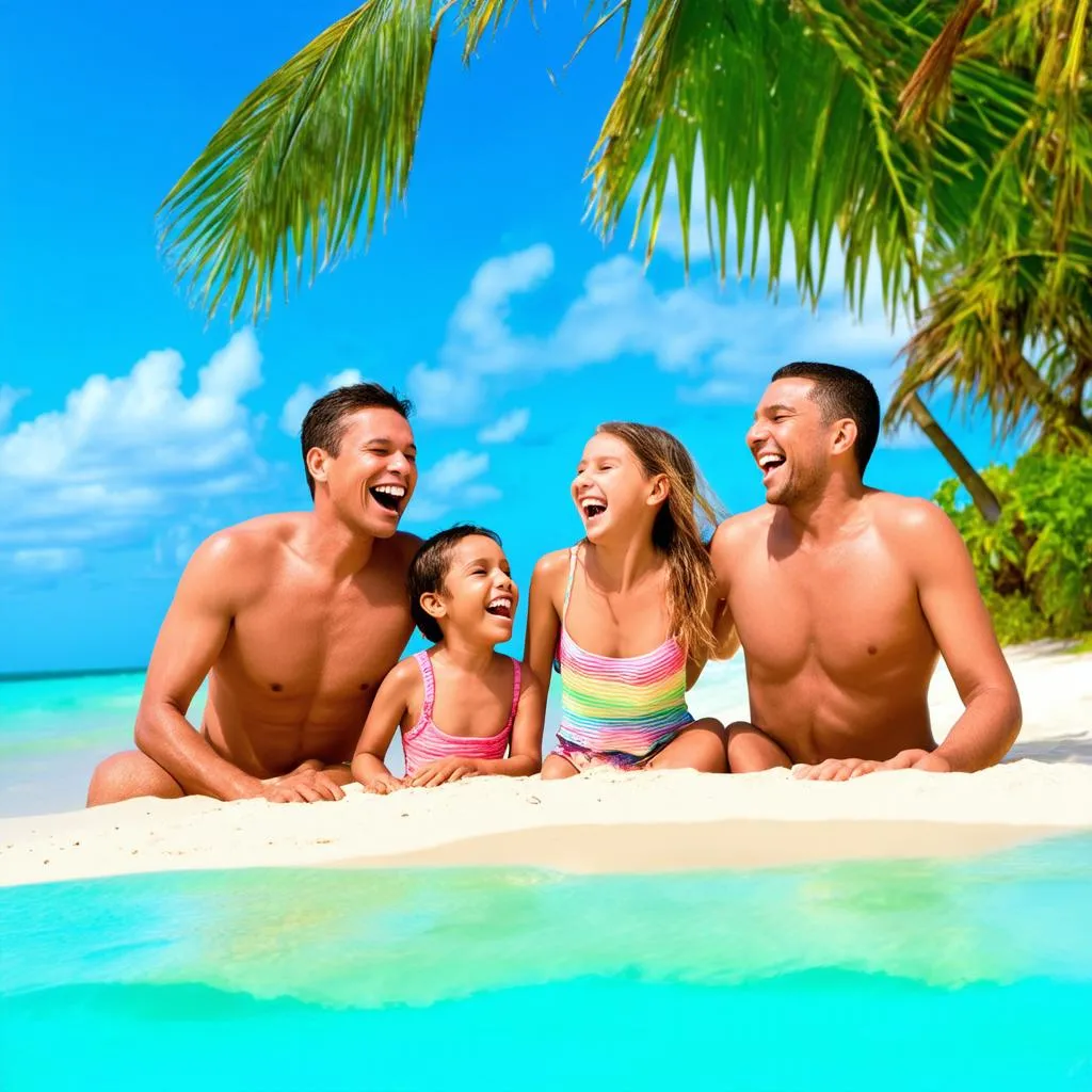 family enjoying tropical vacation on the beach