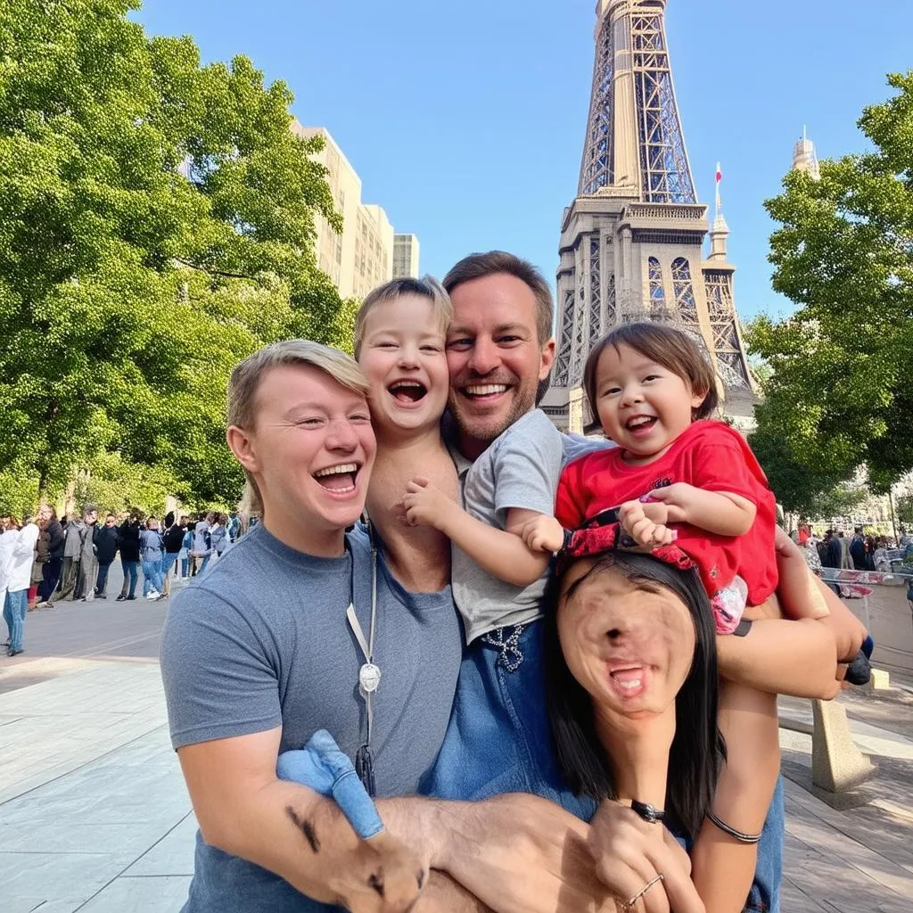 A happy family on vacation, taking pictures in front of a landmark