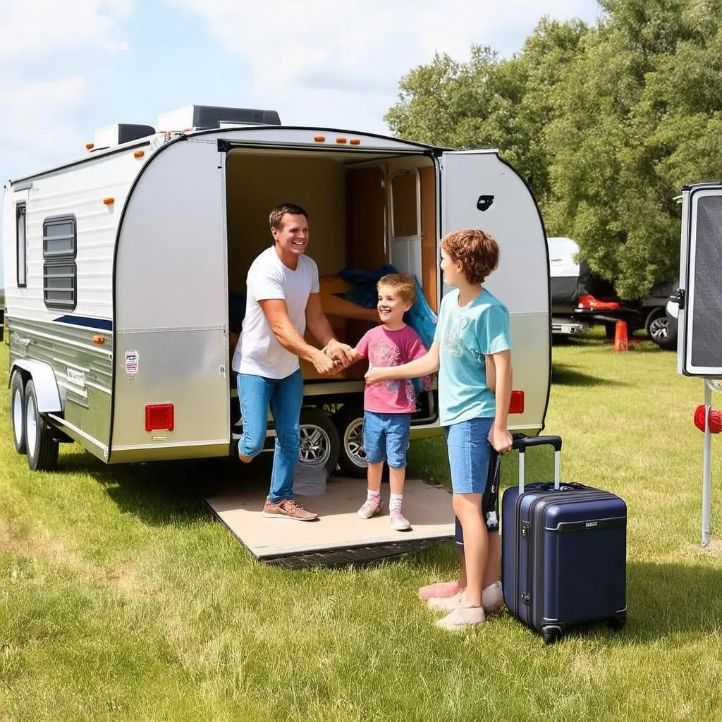 Family Packing for a Trip in their Aluminum Travel Trailer