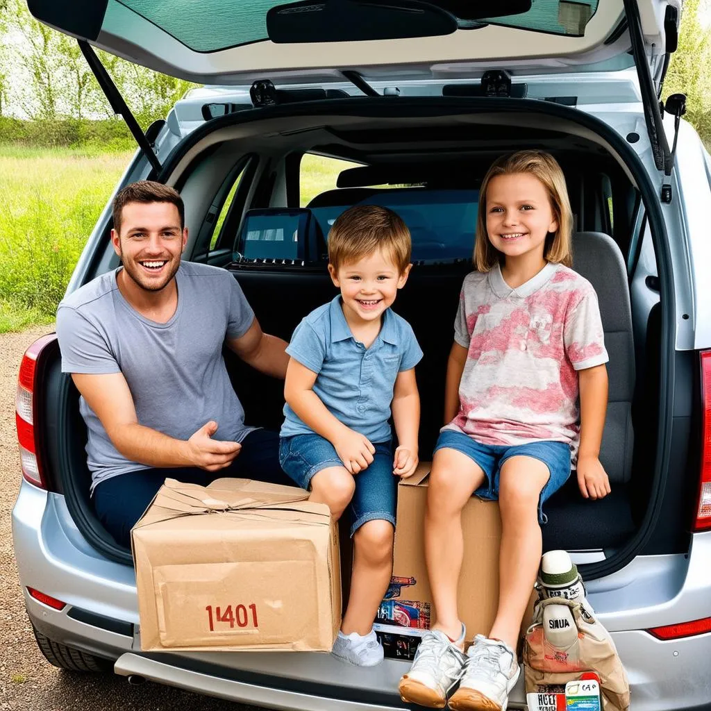 A family packing their car for a road trip.