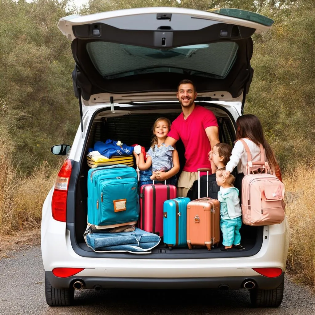 family packing car for a road trip with luggage and travel essentials