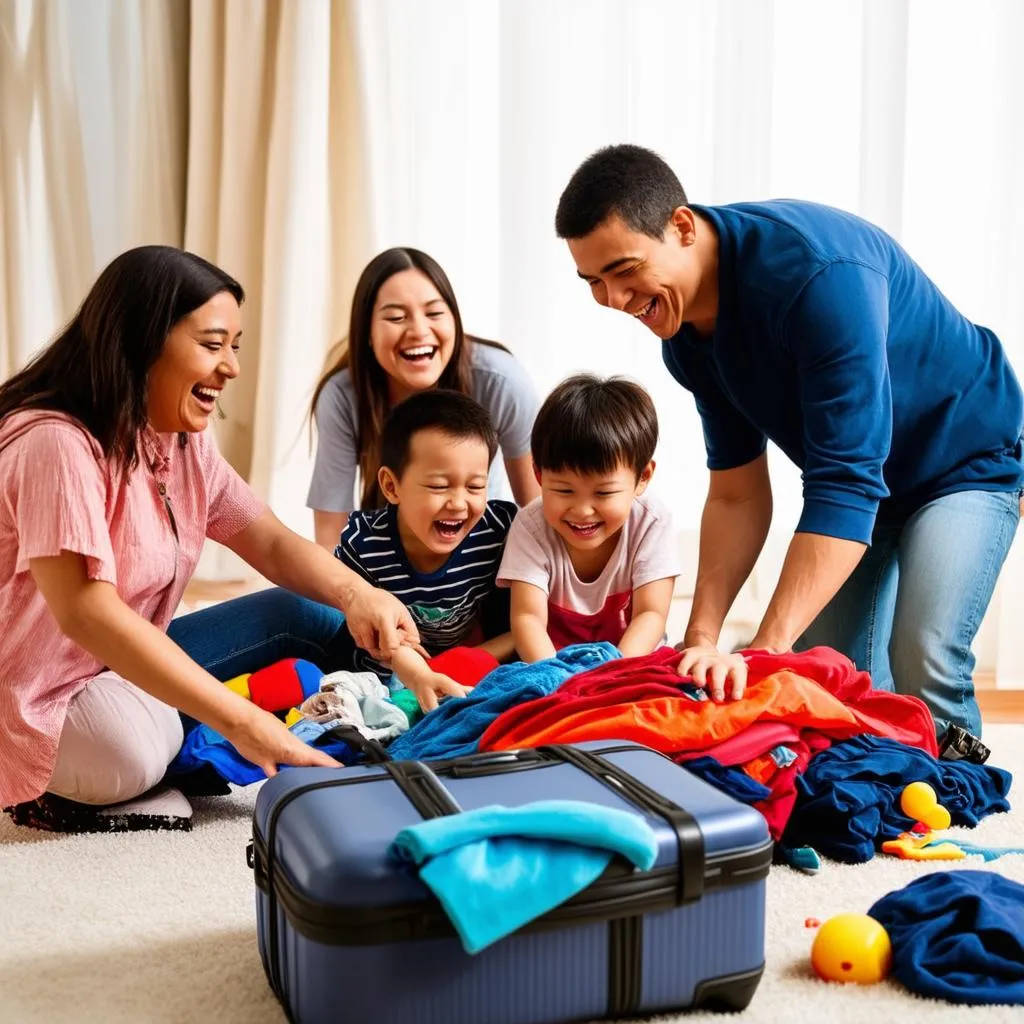 Family packing luggage for vacation