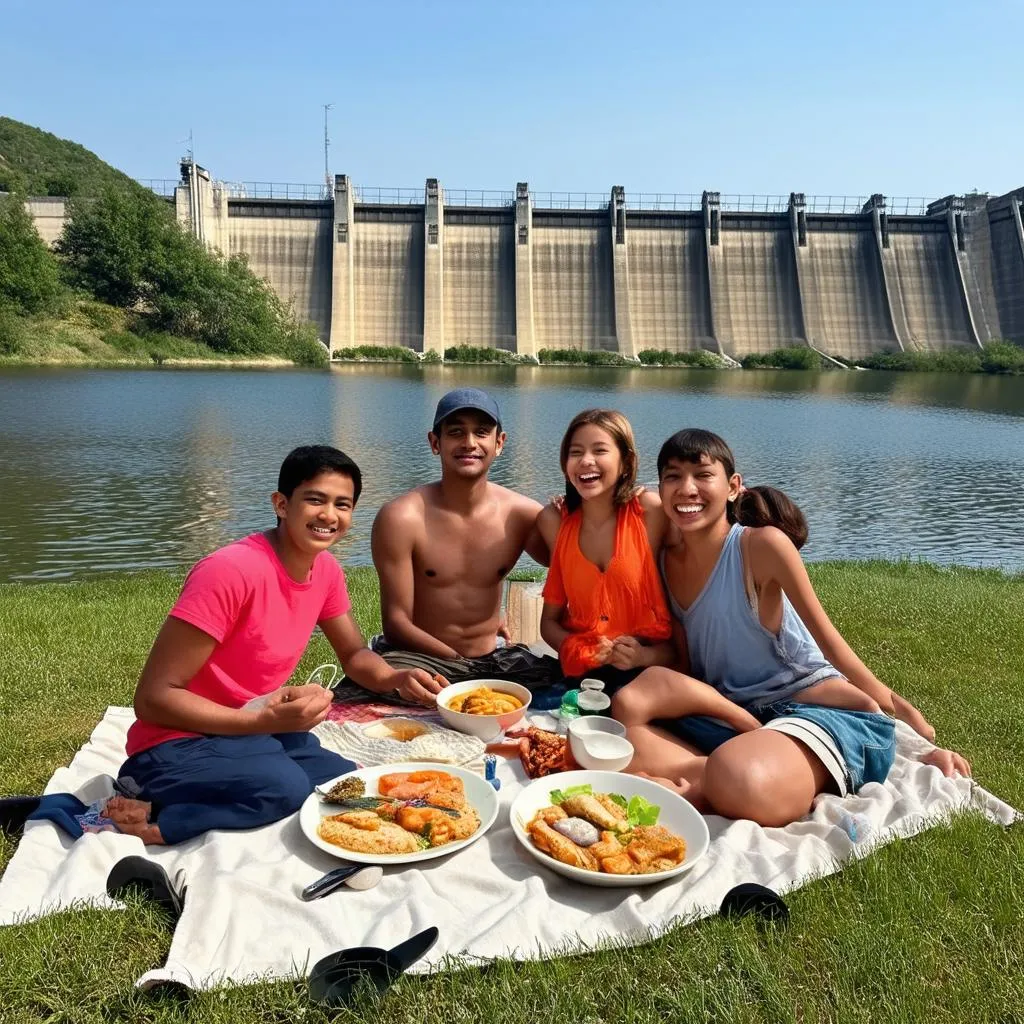 Family Enjoying Picnic at Dam Da