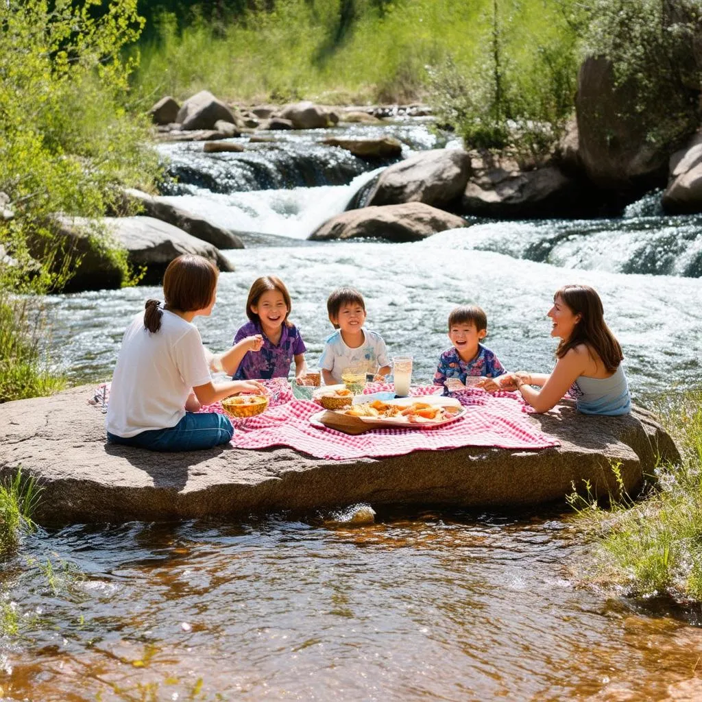 Family enjoying a picnic by the Vung Tau stone stream