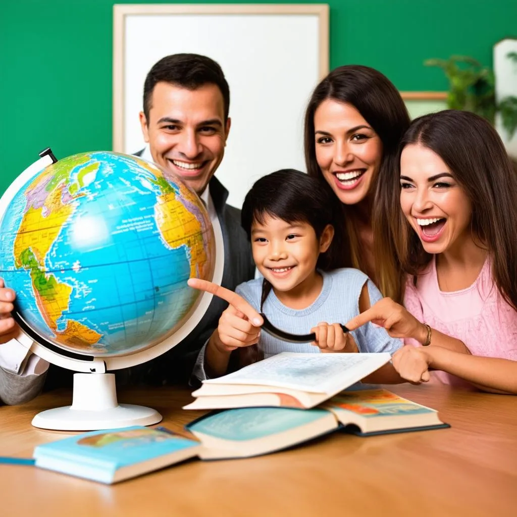 Family planning a trip using a globe and travel books.