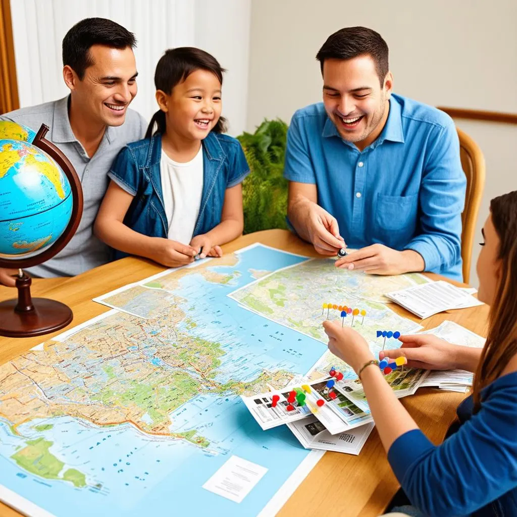 A happy family sits around a table covered in maps and a globe, excitedly discussing their travel plans using colorful pushpins to mark destinations.