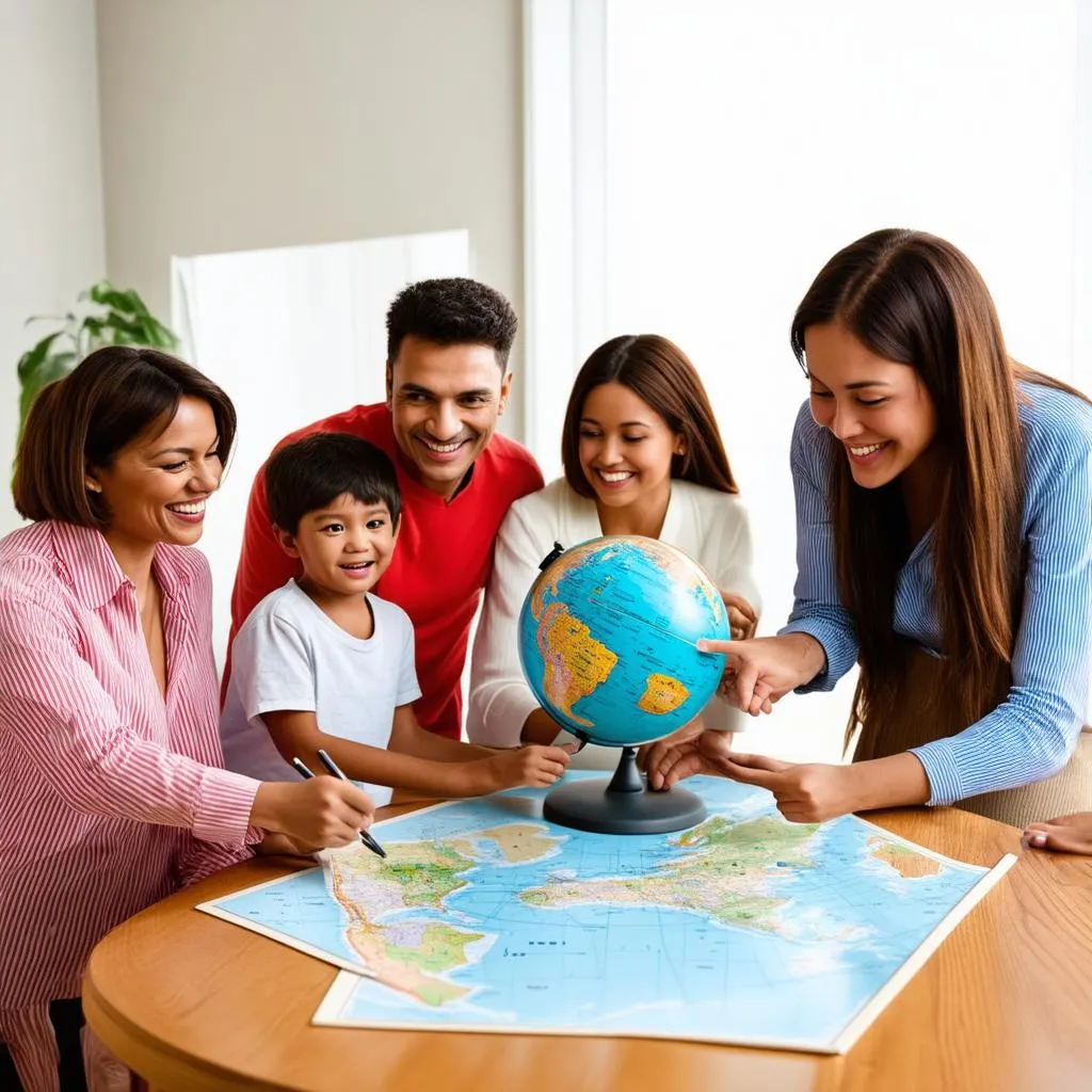 Family planning a trip with a map and globe