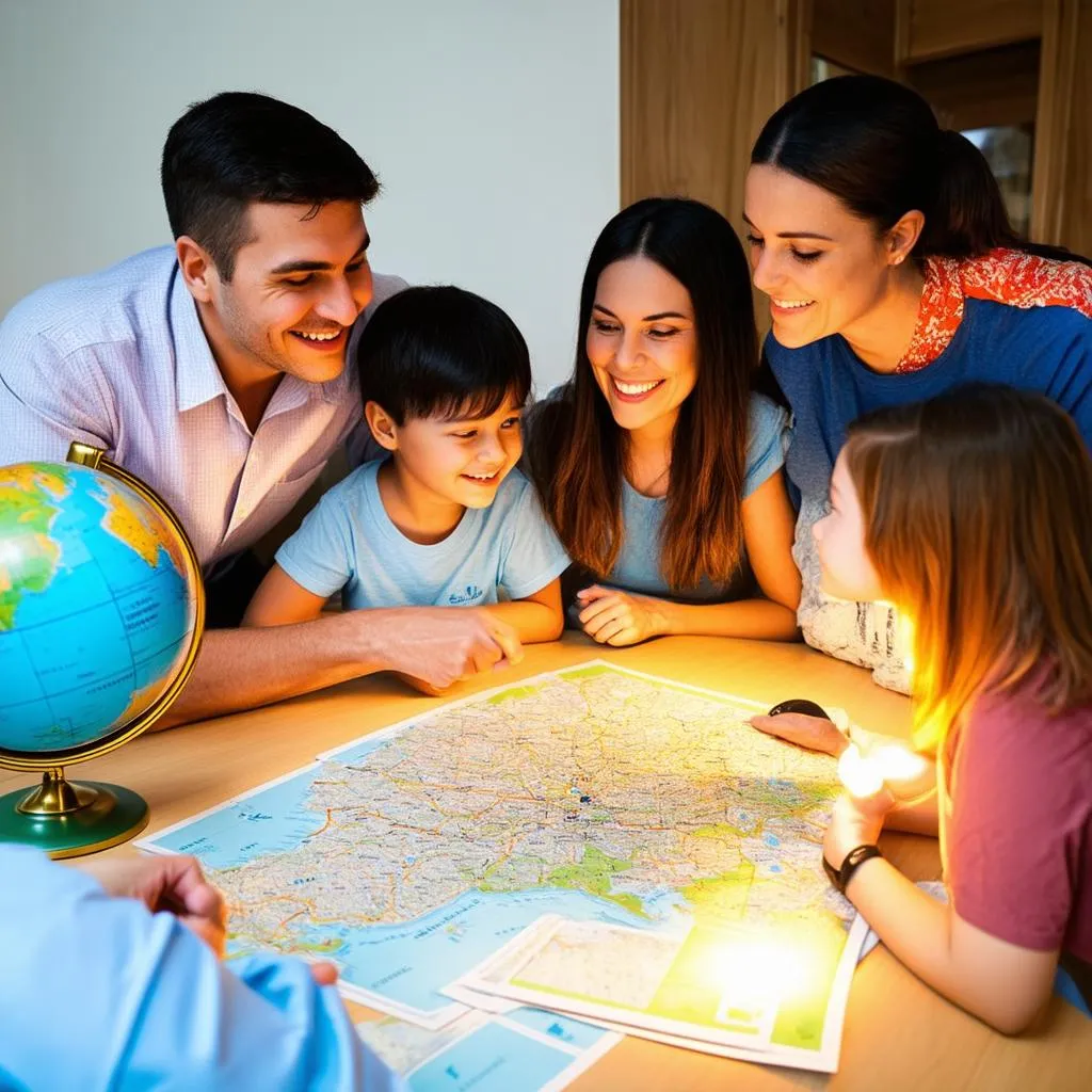 parents and children gathered around a table with maps and travel brochures, excited for their upcoming vacation