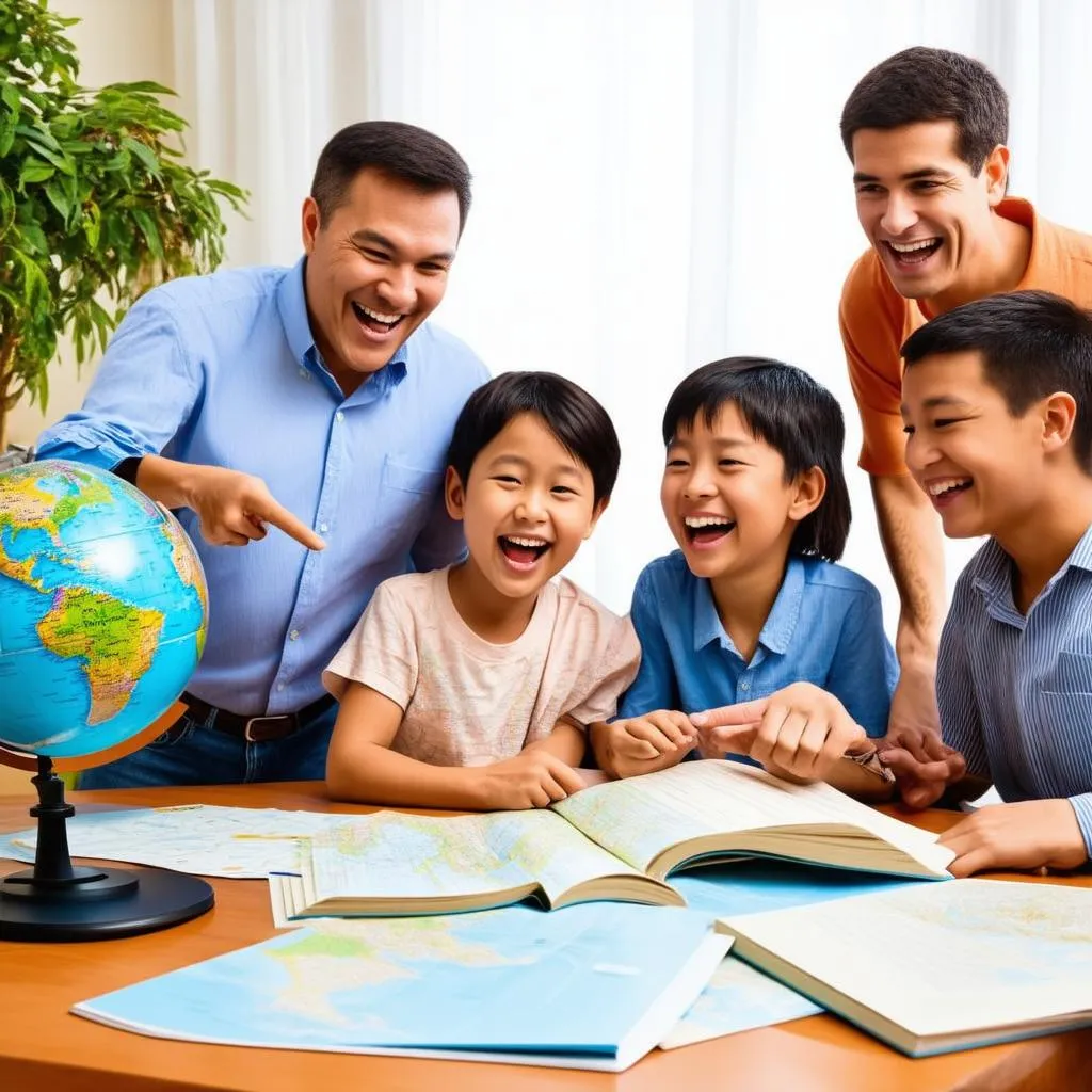 Family gathered around a table with a globe, planning a trip.