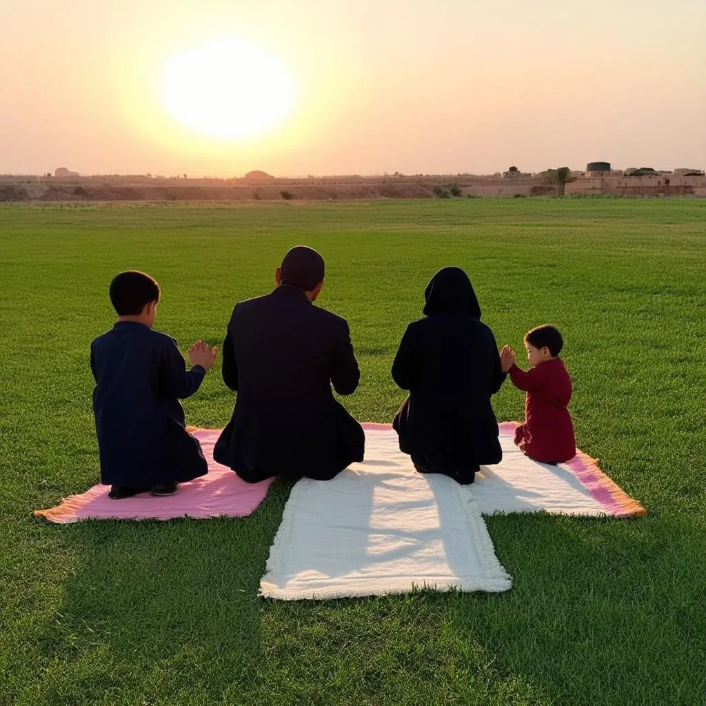 Muslim family praying outdoors