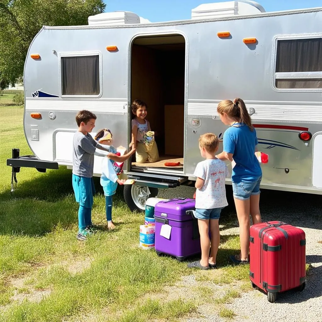 Family preparing their travel trailer for a trip