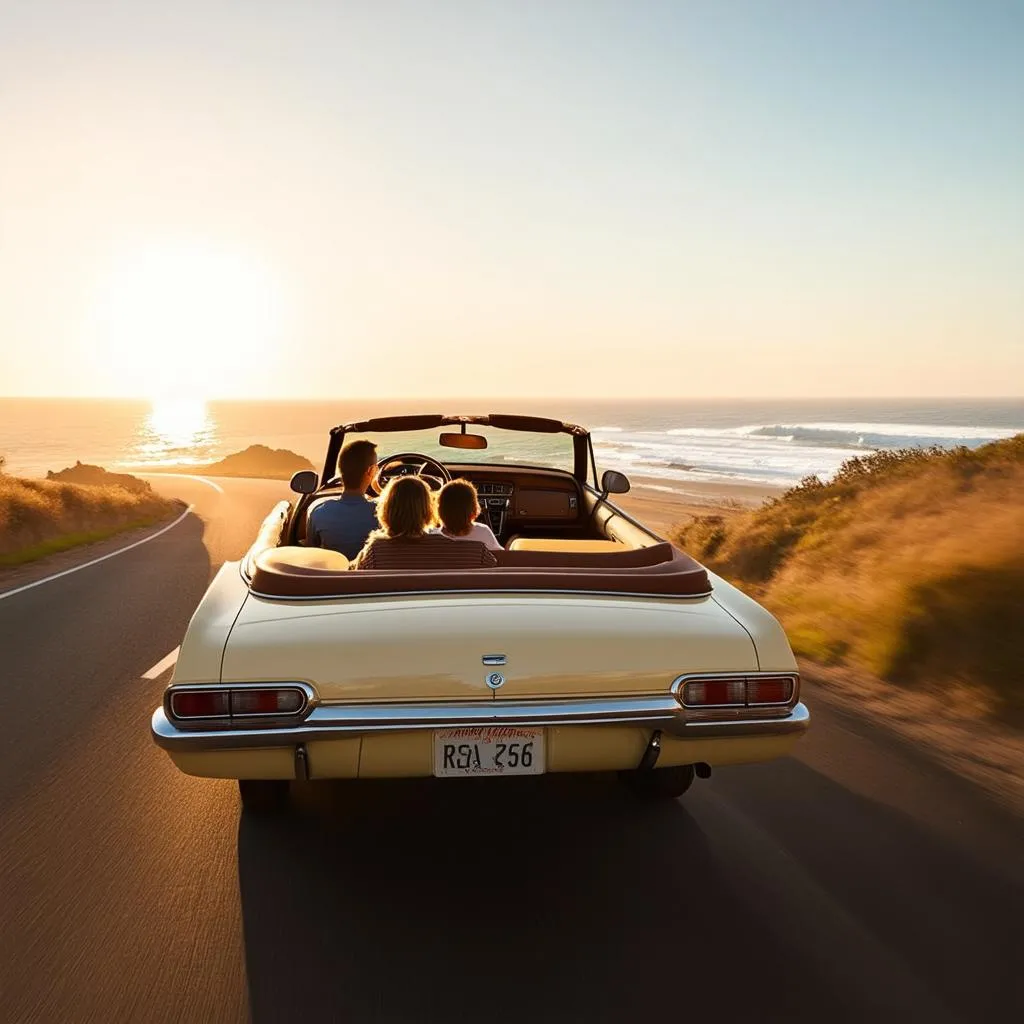 A family is enjoying a road trip in their convertible, driving along a picturesque coastal highway. 