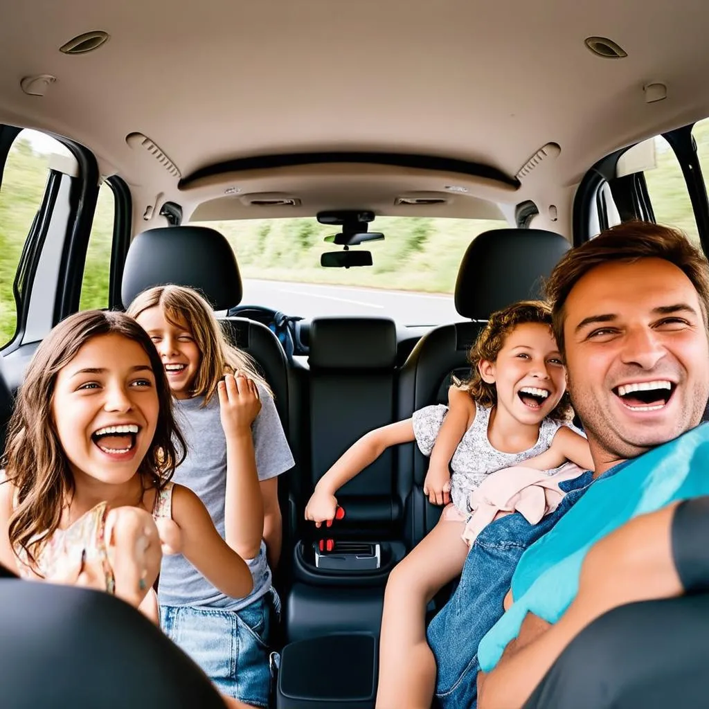 A family laughing together in a car during a road trip